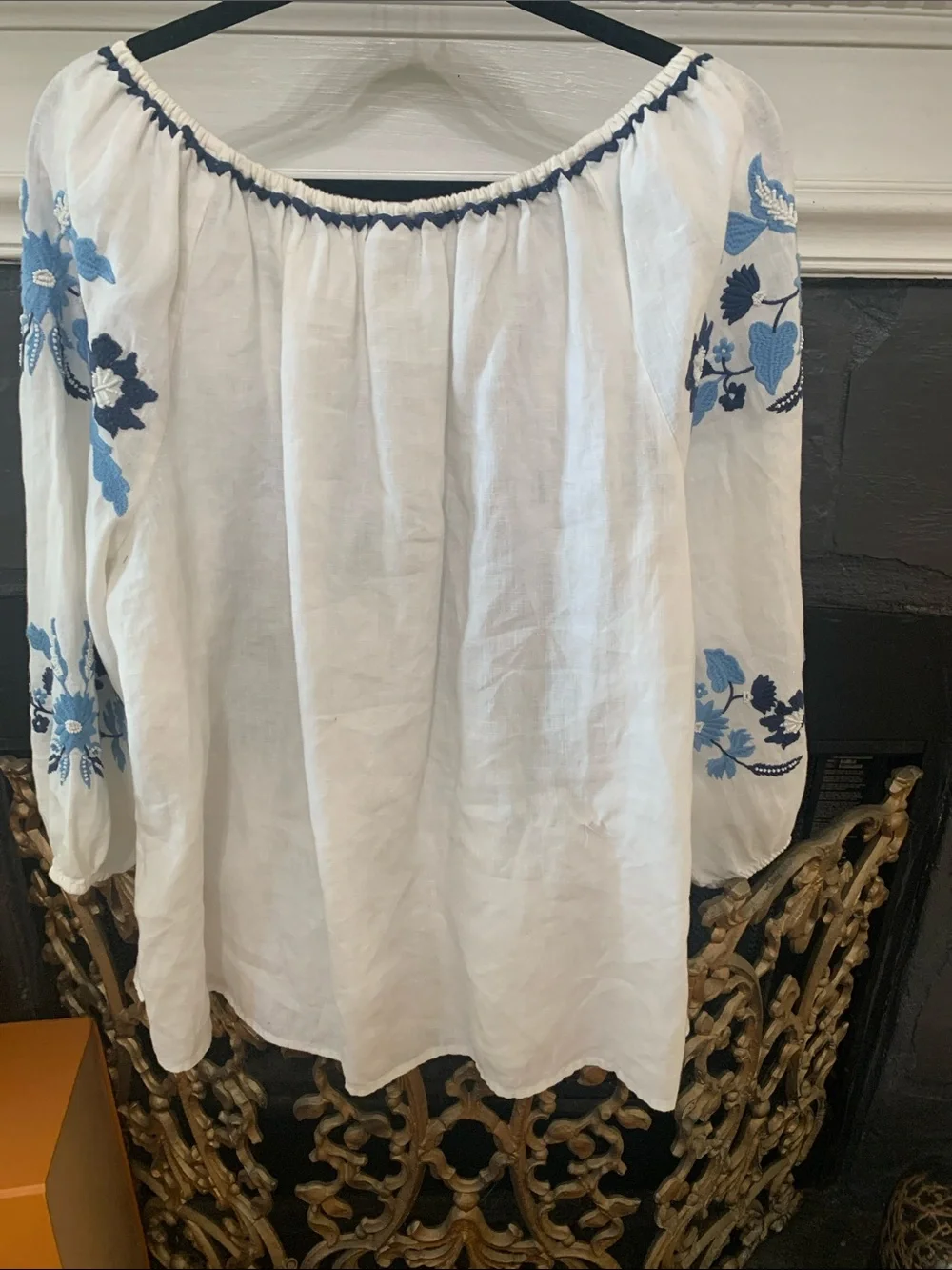 Charter Club White Peasant Blouse with Blue Floral Embroidery - Picture 7 of 7